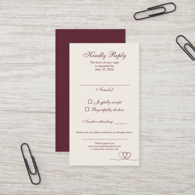 Burgundy Elegant Calligraphy Wedding RSVP Card Visitkort (Fram/Back In Situ)