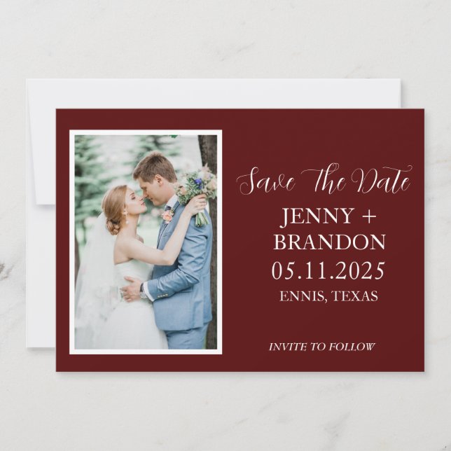 Burgundy Elegant Casualt Skript Foto Romantisk Spara Datumet (Framsida)