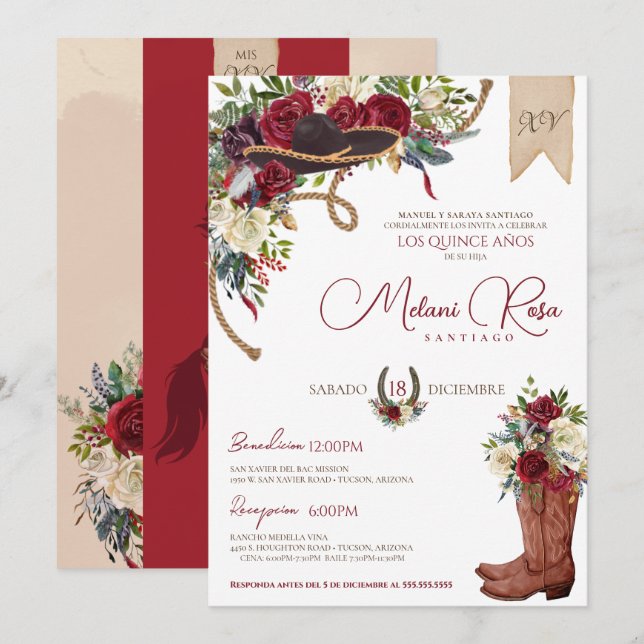 Burgundy Elegant Charro Spain Quinceanera Inbjudningar (Fram/baksida)