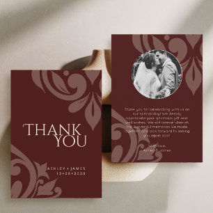 Burgundy Elegant Chic Damask Foto Bröllop  Tack Kort