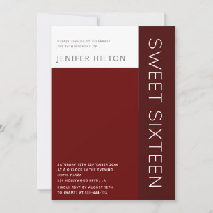 Burgundy elegant färg block sweet sixteen inbjudningar