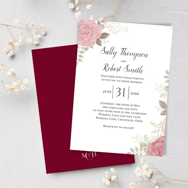 Burgundy Elegant Floral Custom Wedding Inbjudningar (Elegant watercolor burgundy floral wedding invitation template.)