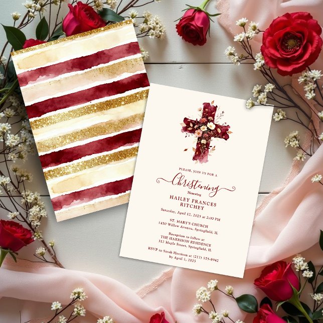 Burgundy Elegant Glitter Floral Cross Baptism Inbjudningar (Burgundy Elegant Glitter Effect Floral Cross Christian Baptism Invitation Card Design.)
