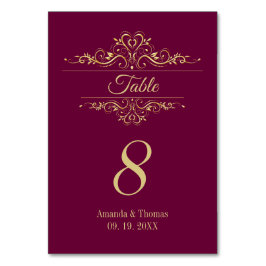 Burgundy elegant golden ram bröllop bord bordsnummer