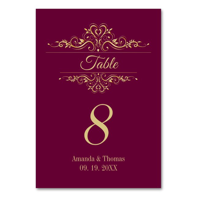 Burgundy elegant golden ram bröllop bord bordsnummer (Framsidan)