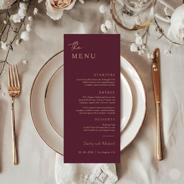 Burgundy Elegant Minimal Wedding Menu Card Meny (Skapare uppladdad)
