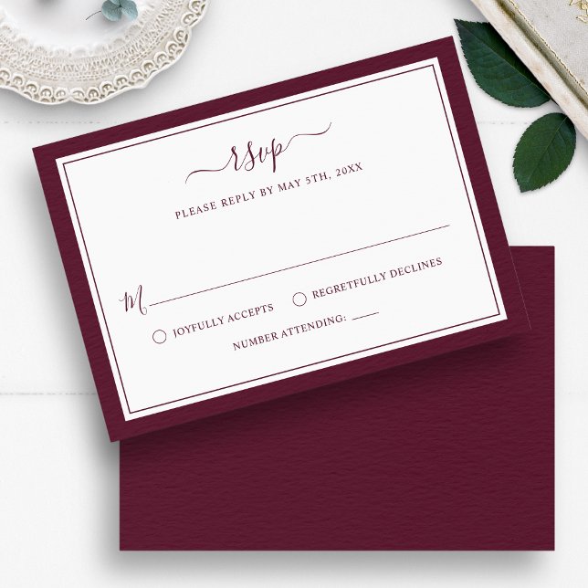 Burgundy Elegant Minimalist Gräns Script Bröllop OSA Kort (Burgundy Elegant Minimalist Border Script Wedding RSVP Card by Painted Paperie
)