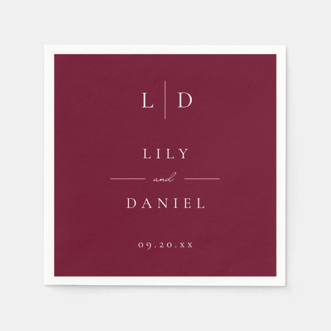 Burgundy Elegant Minimalistisk Monogram Bröllop  Pappersservett (Framsidan)