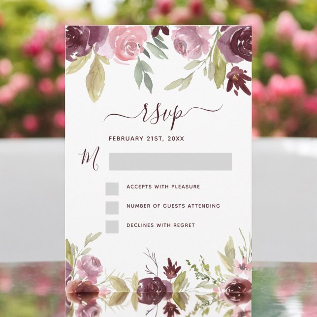 Burgundy Elegant Modern Blommig Akvarell RSVP Inbjudningar (Skapare uppladdad)