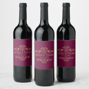 Burgundy Elegant Ram Personlig Bröllop Vinflaska Etikett