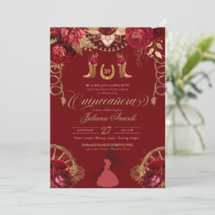 Burgundy Elegant Ro Red Guld Charro Quinceanera Inbjudningar