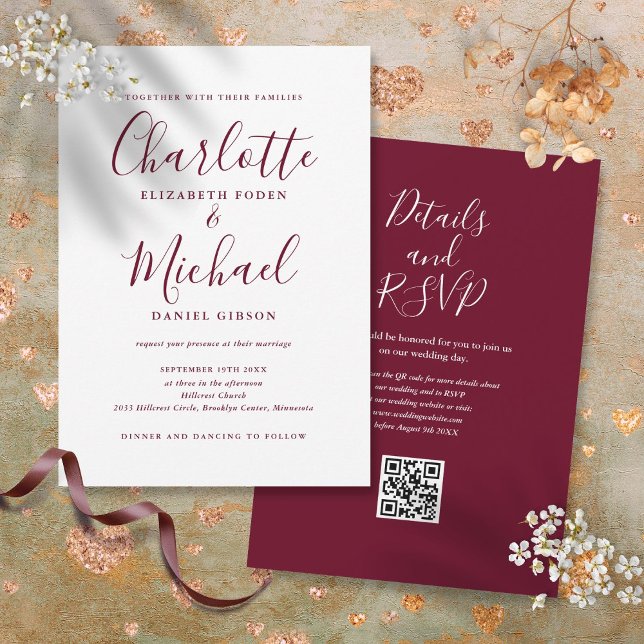 Burgundy Elegant-skript QR-kod Bröllop Inbjudningar (Burgundy Elegant Script QR Code Wedding Invitation)