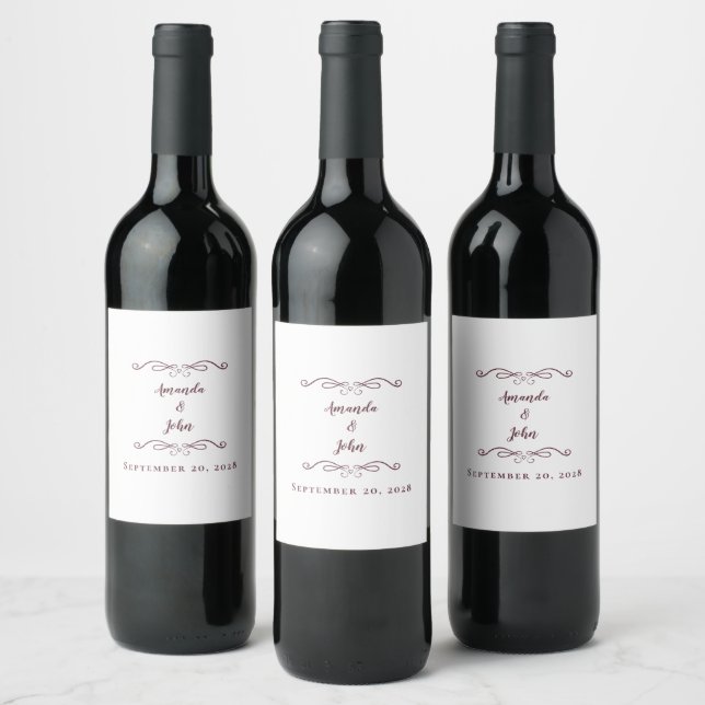 Burgundy Eleganta Bröllopsnamn Datum Kalligrafi Vinflaska Etikett (Flaskor)