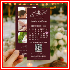 Burgundy & Elfenben Foto QR Bröllop Spara Datum