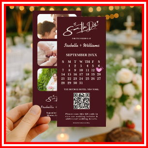 Burgundy & Elfenben Foto QR Bröllop Spara Datum