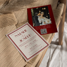 Burgundy Elfenben Gammalt Pengar QR-kod Foto Bröll Inbjudningar
