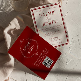 Burgundy Elfenben Gammalt Pengar Retro QR-kod Bröl Inbjudningar