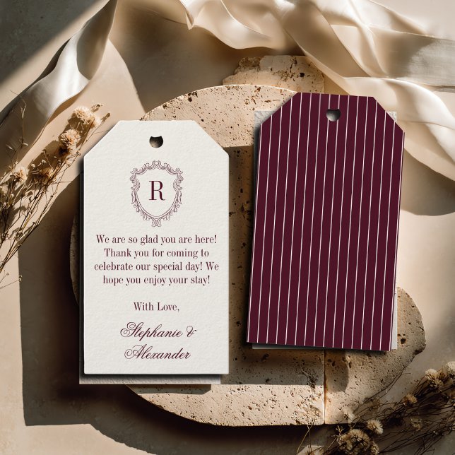 Burgundy Elfenben Monogram Vapen Äldre Pengar Bröl Presentetikett (Skapare uppladdad)