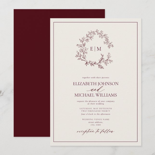 Burgundy Elfenbensbladig Krön Monogram Bröllop  Inbjudningar (Fram/baksida)