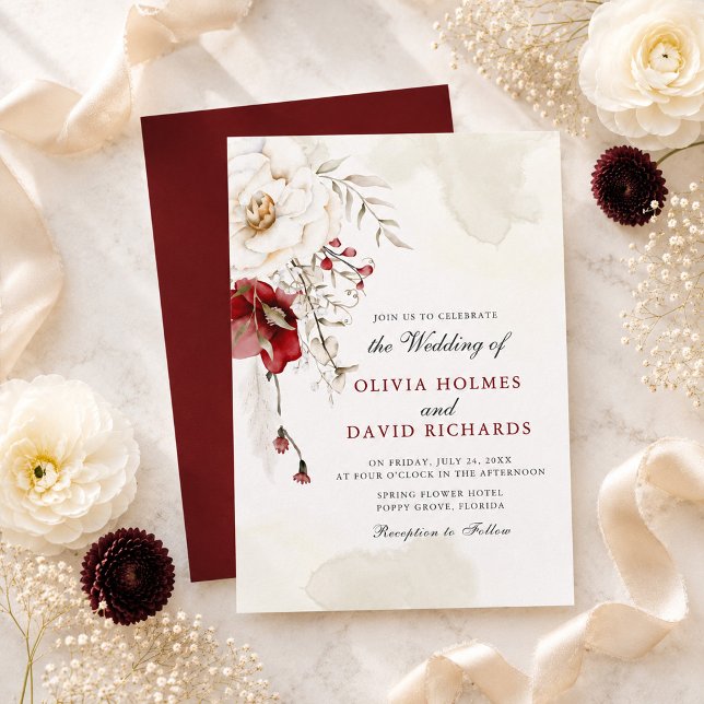 Burgundy Elfenbensfärgad Akvarell Blommig Bröllops Inbjudningar (Burgundy Ivory Watercolor Floral Wedding Invitation)