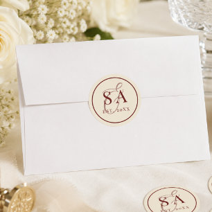 Burgundy Elfenbensrand Monogram Gammaldags Bröllop Runt Klistermärke