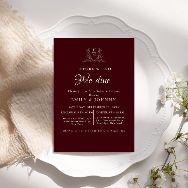 Burgundy & Elfenbensvit Övningsmiddag inför bröllo Inbjudningar (Skapare uppladdad)