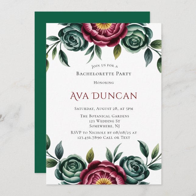 Burgundy & Emerald Peony Winter Bachelorette Party Inbjudningar (Fram/baksida)