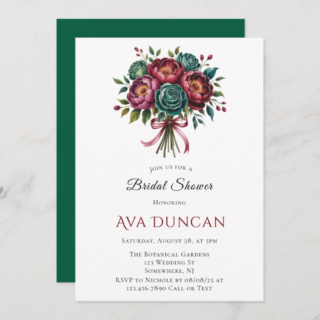 Burgundy & Emerald Peony Winter Möhippa Inbjudningar (Fram/baksida)