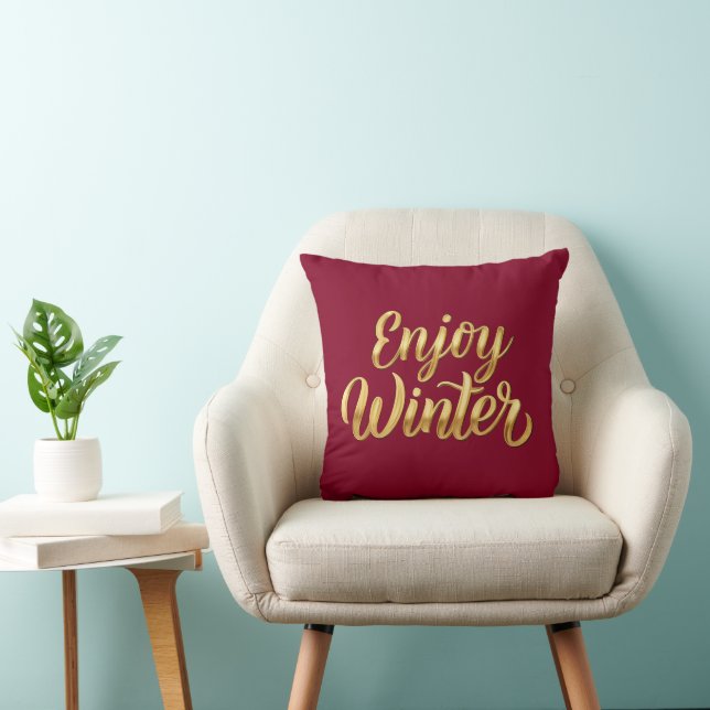 Burgundy Enjoy Winter - Guld Script Helgdag Decor Kudde (Stol)
