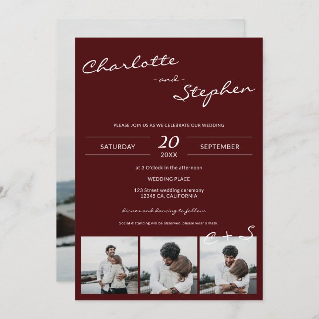 Burgundy enkel avslappnad initialer 4-foton bröllo inbjudningar (Fram/baksida)