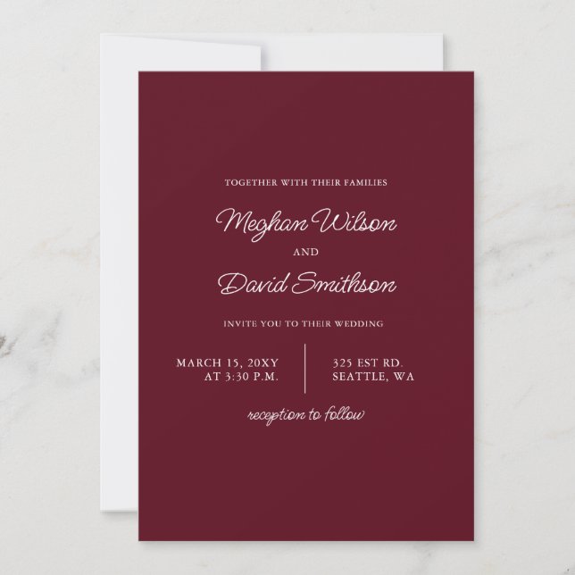 Burgundy enkel Elegant Modern bröllopsinbjudan Inbjudningar (Framsida)