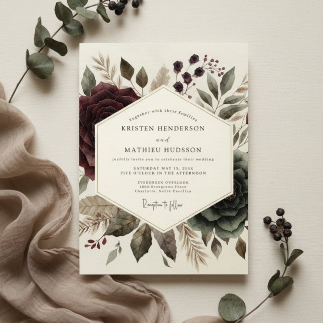 Burgundy Ethereal Bloom Wedding Inbjudningar (Skapare uppladdad)