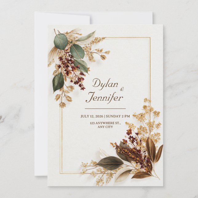 Burgundy Eucalyptus Gold Dried Floral Wedding Inbjudningar (Framsida)