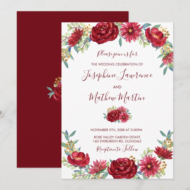 Burgundy Eucalyptus Watercolor Blommigt Fall Weddi Inbjudningar (Fram/baksida)