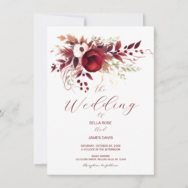 Burgundy Fall Blommigt Foliage Wedding bjudande Inbjudningar (Framsida)
