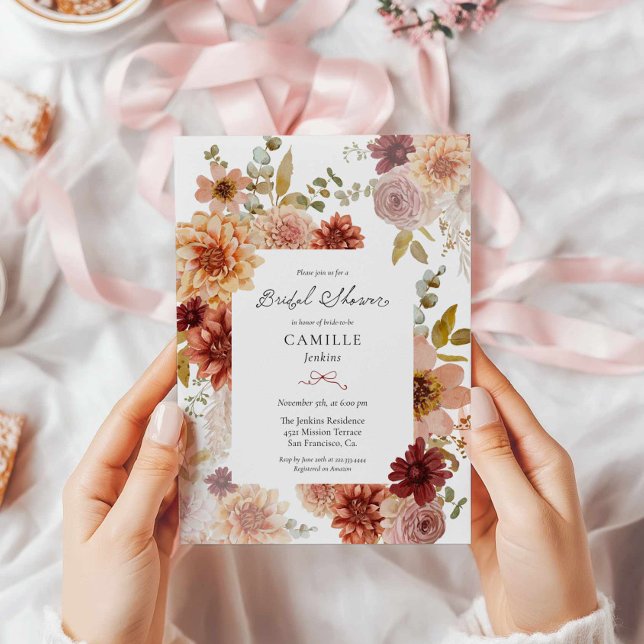Burgundy Fall Blommigt Inbjudningskort för möhippa (Burgundy and Terracotta Floral Fall Bridal Shower Invitation)