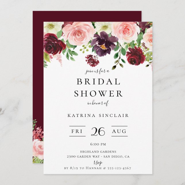 Burgundy  Fall Blommigt-Möhippa Inbjudningar (Fram/baksida)