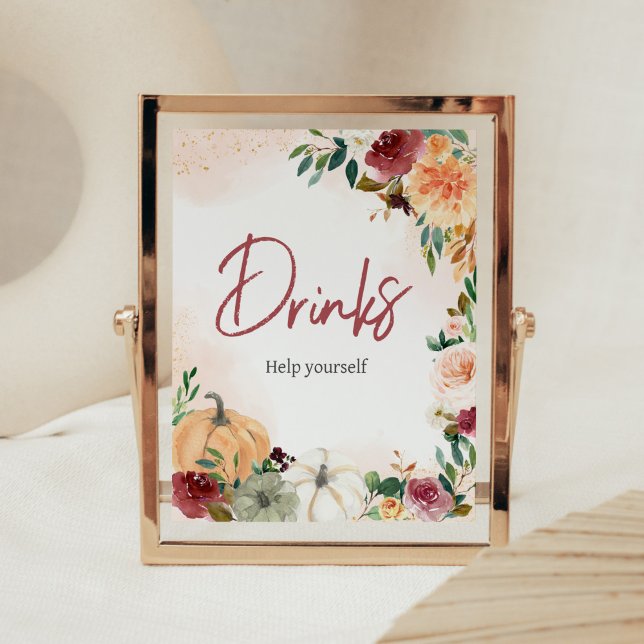Burgundy Fall Blommigt Pumpkin Baby Shower Driners Poster (Fall Floral Pumpkin Baby Shower Drinks Sign)