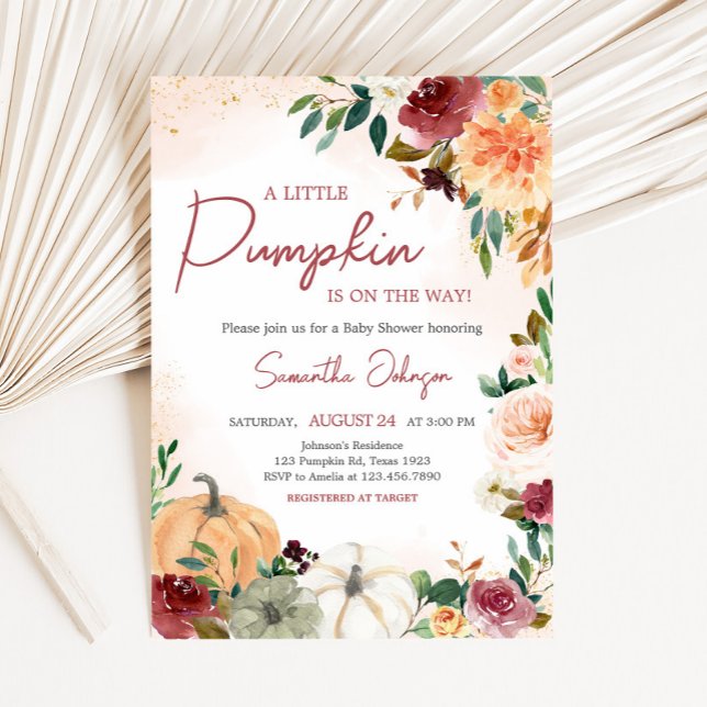 Burgundy Fall Blommigt Pumpkin Baby Shower Inbjudningar (Fall Floral Pumpkin Baby Shower Invitation)