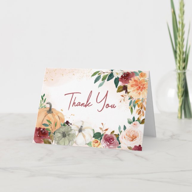 Burgundy Fall Blommigt Pumpkin Baby Shower Tack Kort (Framsida)