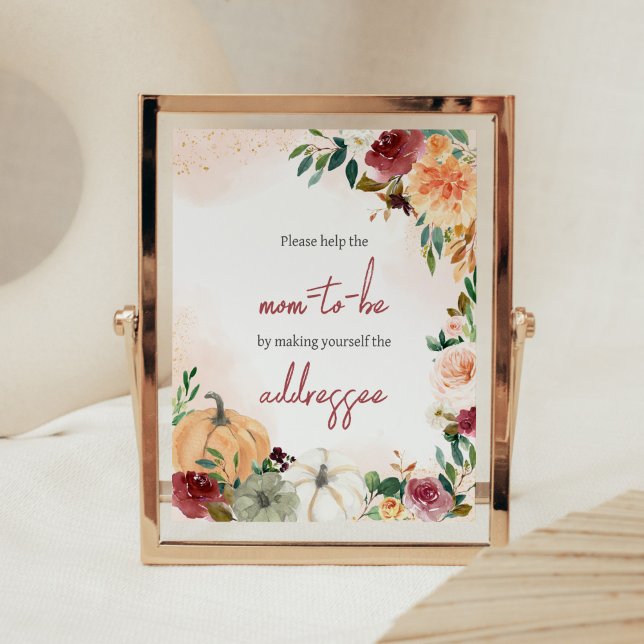 Burgundy Fall Blommigt Pumpkin Kuvert Station Poster (Fall Floral Pumpkin Baby Shower Envelope Station Sign)