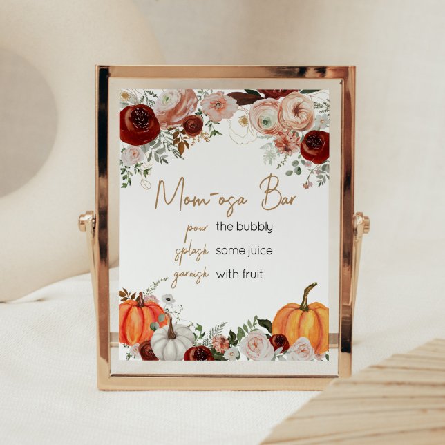 Burgundy Fall Blommigt Pumpkin Mamma Osa Pub Poster (Fall Floral Pumpkin Baby Shower Mom Osa Bar Sign)