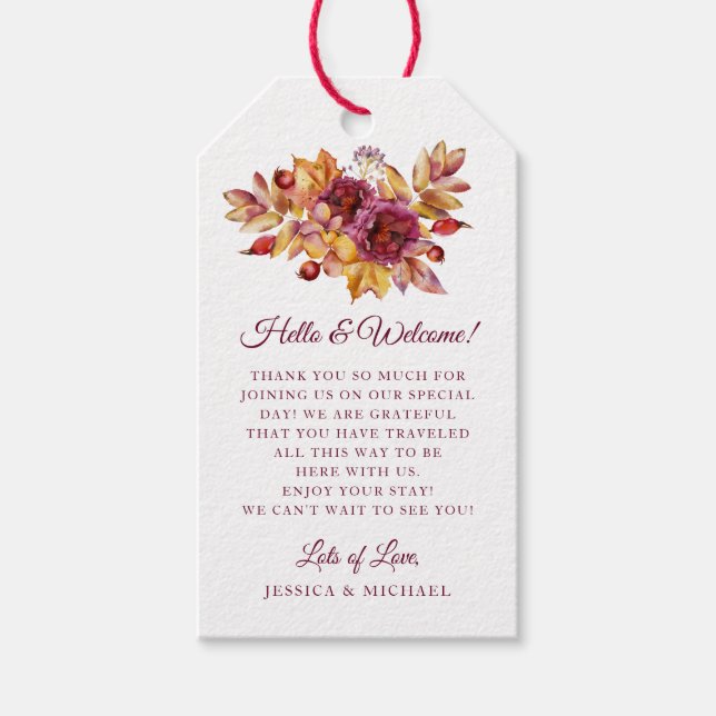 Burgundy Fall Bouquet Elegant bröllop Välkommen Presentetikett (Framsidan)