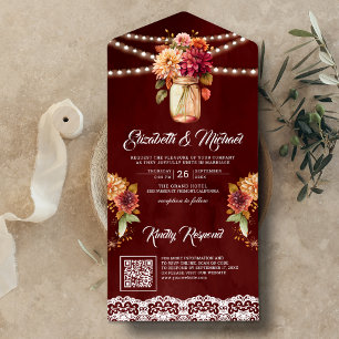 Burgundy Fall Dahlia Mason Kruka QR-kod Bröllop