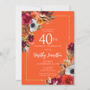 Burgundy Fall Flowers Elegant Script 40:e födelsed Inbjudningar