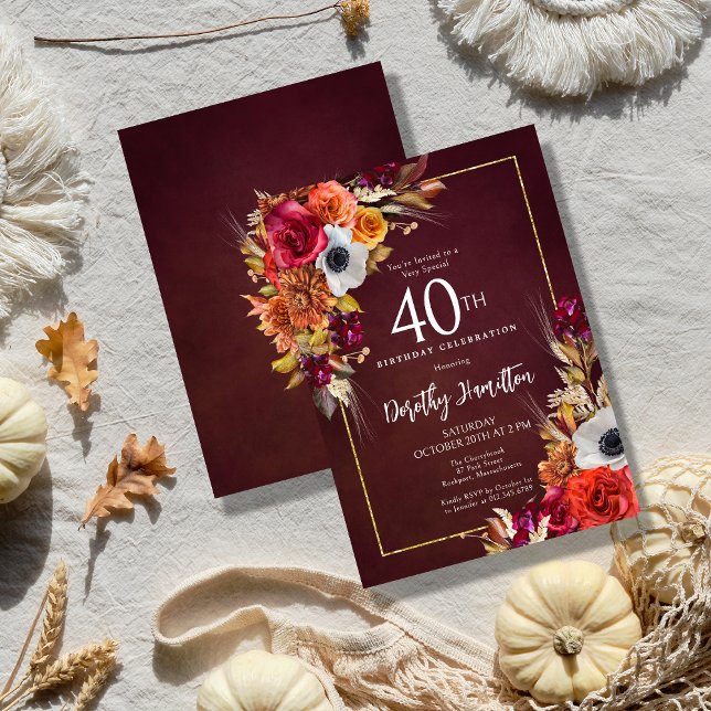 Burgundy Fall Flowers Elegant Script 40:e födelsed Inbjudningar (Bold Fall Floral 40th Birthday Invitation. Available in Paper or Digital Download)