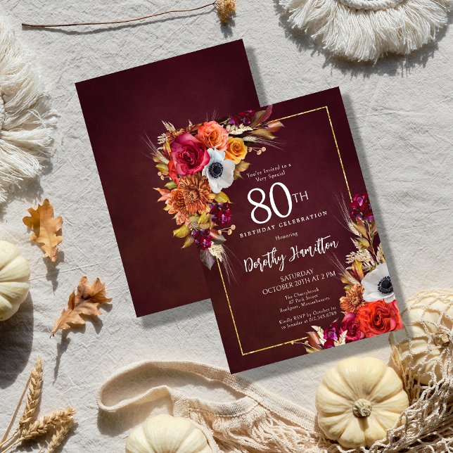 Burgundy Fall Flowers Elegant Script 80:e födelsed Inbjudningar (Elegant Fall Flowers on a Burgundy Background Create a Dramatic Autumn birthday invitation)
