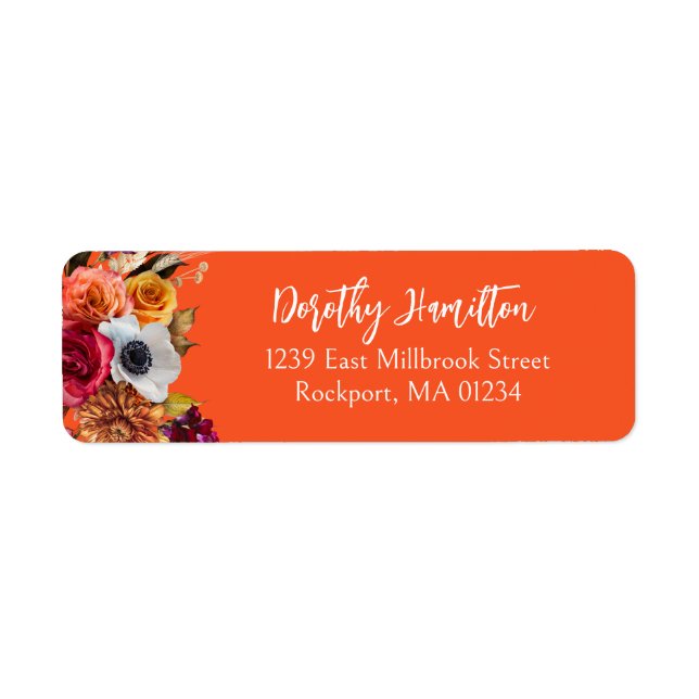 Burgundy Fall Flowers Elegant Script Returadress Etikett (Framsidan)