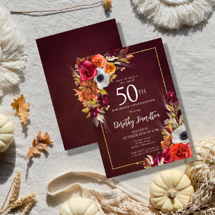 Burgundy Fall Flowers Elegant Skript 50:e födelsed Inbjudningar