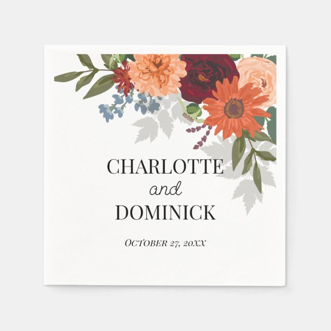 Burgundy Fall Garden Blommigt Bröllop Pappersservett (Framsidan)